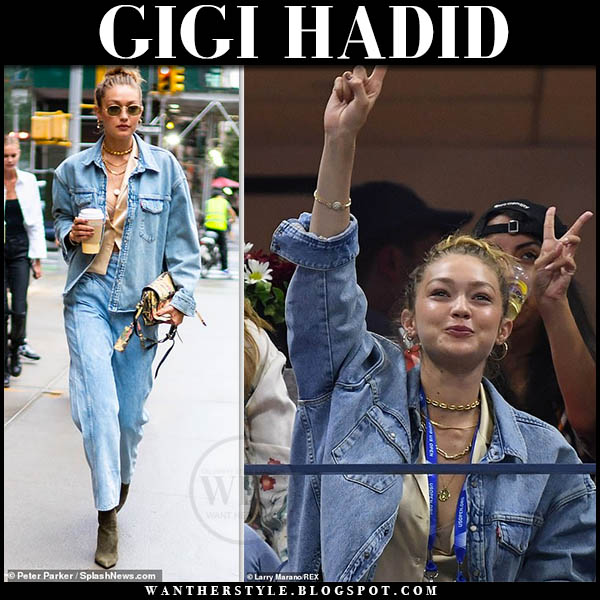 Gigi Hadid in denim shirt and jeans at the US Open on August 28