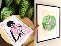 Both Blooming Skull Coffee Enjoy The Little Things pink and green skeleton prints. The pink design with skeleton holding roses and frame with the slogan "enjoy the little things" and the green with skeleton drinking coffee, amongst plants.