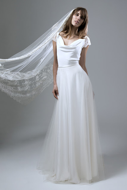 Clare Silk Crepe Cowl Neck with Silk Tulle Circular Skirt Wedding Dress by Halfpenny London