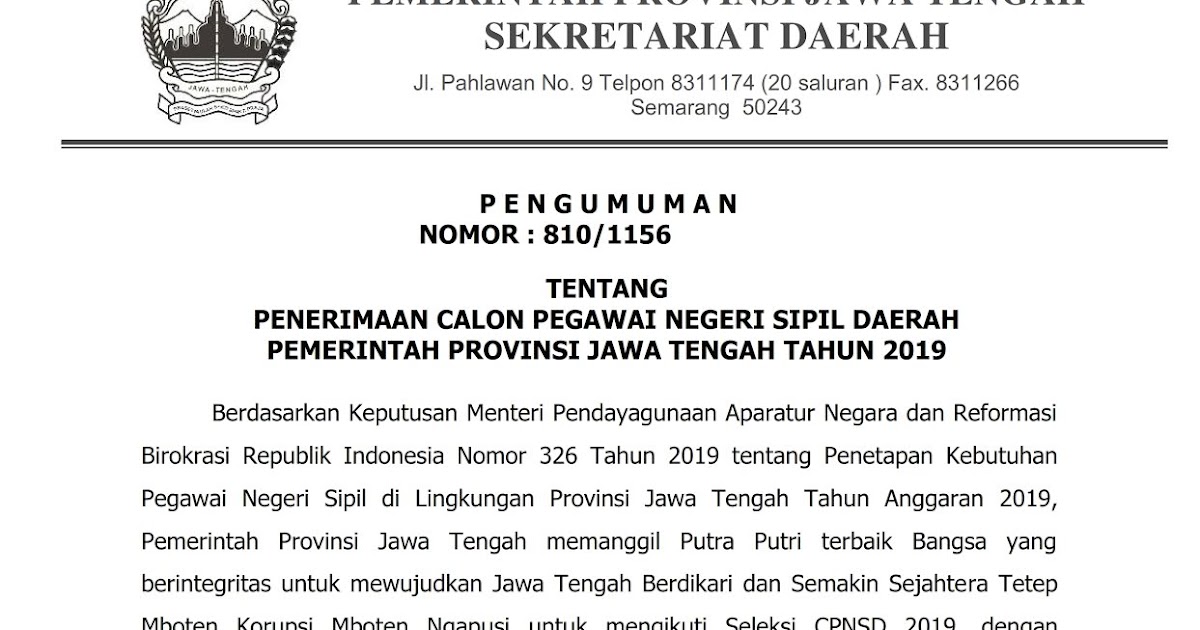 Penerimaan Cpns Pemerintah Provinsi Jawa Tengah Tahun 2019