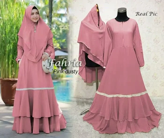 Contoh Model Gamis Syari 2019 Fahria Pink Dusty Jual Gamis - Model gamis wolfis terbaru