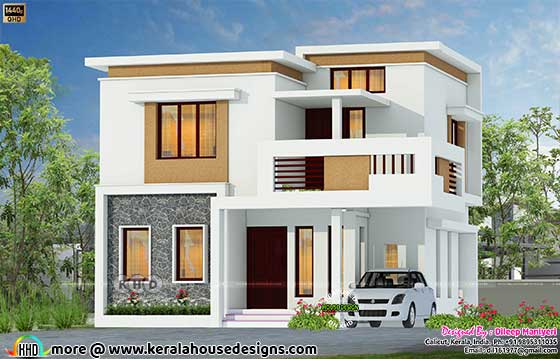 Exterior view of 4-bedroom flat roof style house with basalt rock texture show wall and beige rough textures on elevation.