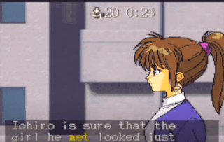 Shows animation girl with brown hair and Asian looks and purple pink tail in her hair and wearing a white tshirt and blue suit jacket and in grey building area.  Says Ichiro is sure that the girl he yellow colour met looked just .png