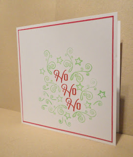 CAS Christmas card, Ho Ho Ho in red with green swirls