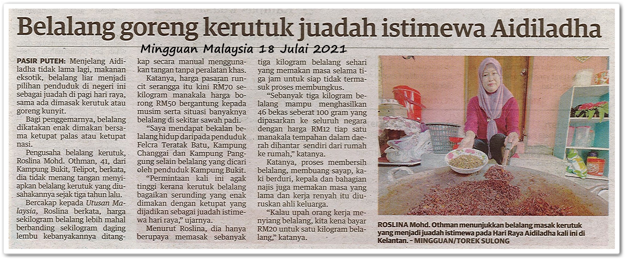 Belalang goreng kerutuk juadah istimewa Aidiladha - Keratan akhbar Mingguan Malaysia 18 Julai 2021