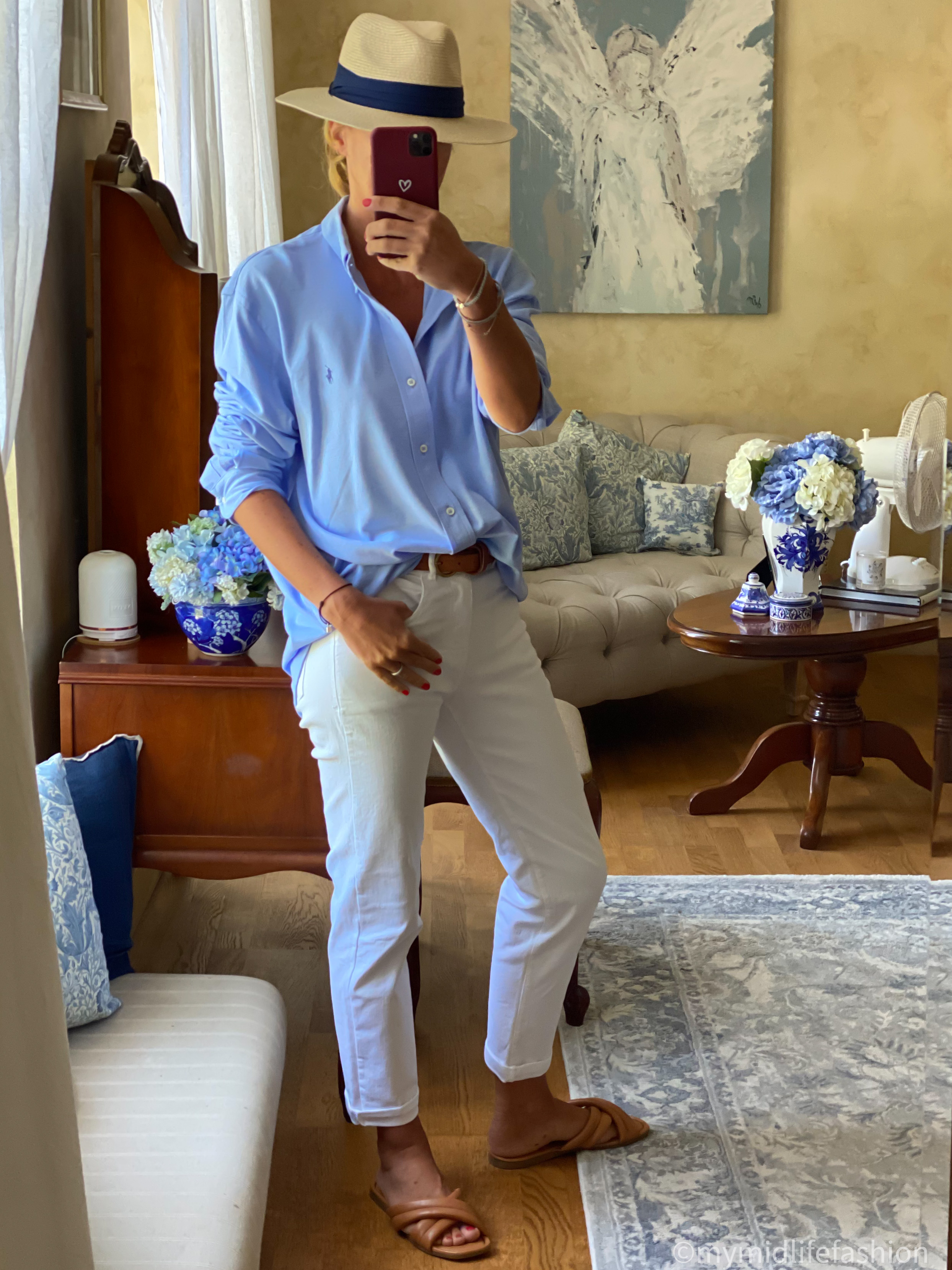 my midlife fashion, amazon Panama hat, Ralph Lauren Oxford knit shirt, Massimo dutti leather belt, baukjen the boyfriend jean, hotter shoes Rimini sandals
