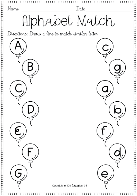 alphabet match- uppercase to lowercase A to G