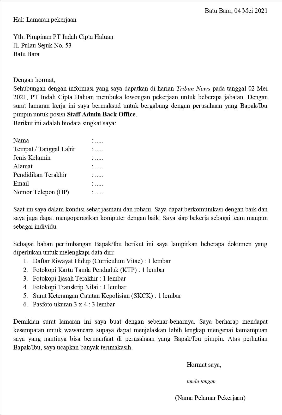 Contoh Surat Lamaran Kerja Untuk Staff Admin Back Office (Fresh Graduate)