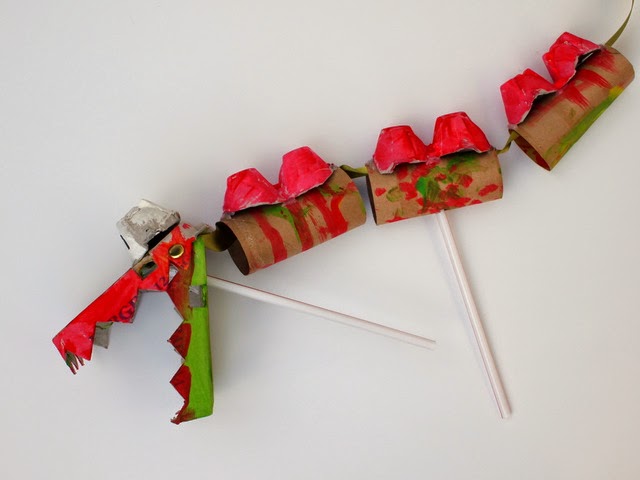 Chinese new year dragon puppet made from recycled materials