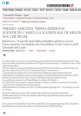 Roma. Premio Amicizia 2012. ARGOS Soccer TEAM Forze di Polizia Nota Stampa - Corriere Romano