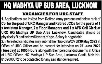 HQ Madhya UP Sub Area Lucknow Cantt Recruitment