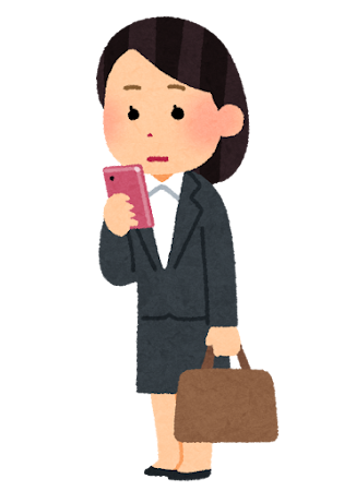 立ってスマホを使う人のイラスト（女性会社員・無表情）