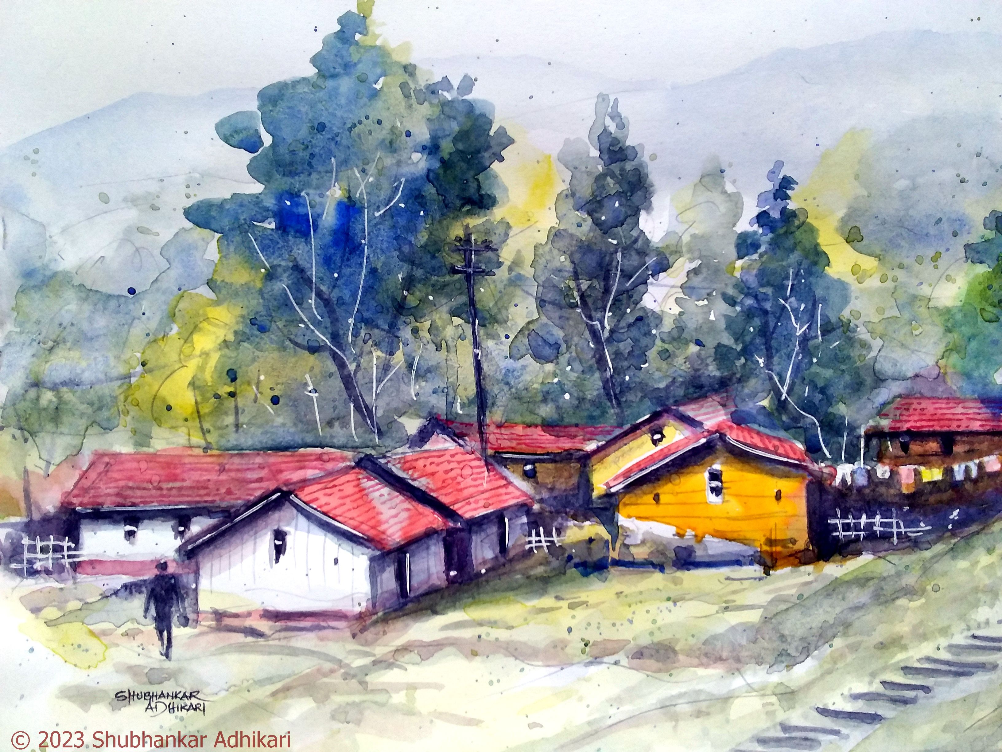 Indian Village Scenery Painting|Indian Village Scenery Drawing With  Watercolor For Compitition - YouTube