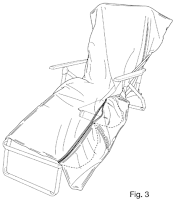 Drawing from patent number D708,870 that shows a towel with pockets for storing personal items fitted over a lounge chair