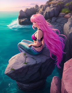 little mermaid sitting on a rock sea background staring pink hair