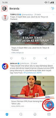 1. Langkah pertama silakan kalian buka aplikasi Twitternya, kemudian pada Beranda kalian klik foto profil pada pojok kiri atas