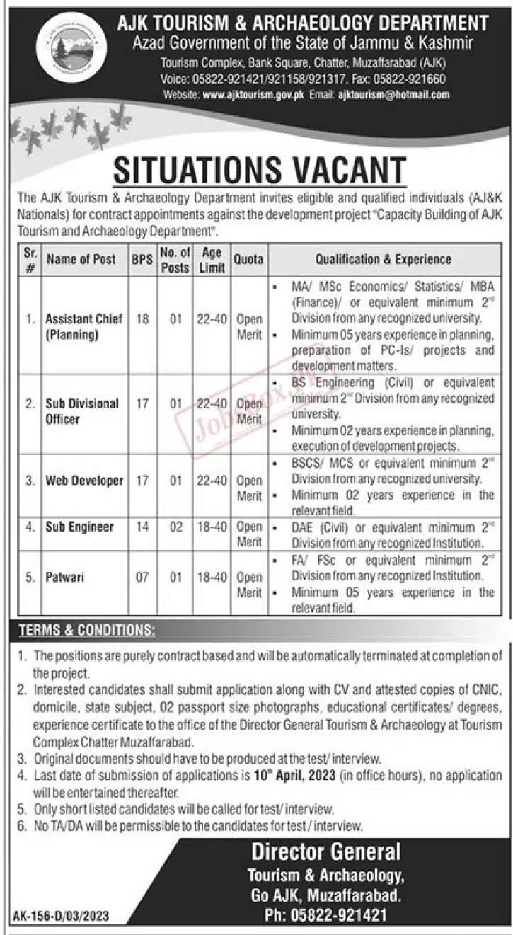 AJK Tourism and Archaeology Department Jobs 2023 - Latest Advertisement