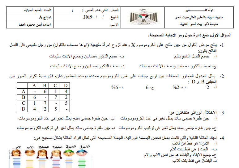 امتحان في وحدة الوراثة لمبحث الأحياء للصف الثاني عشر