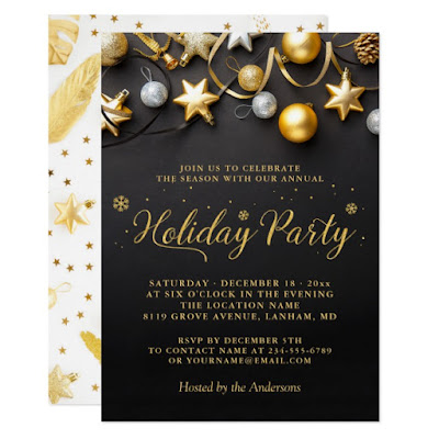  Black White Gold Baubles Annual Holiday Party Invitation