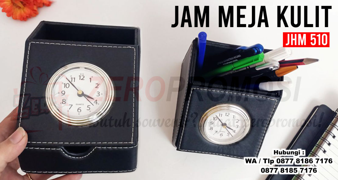 Souvenir Jam Meja Kulit Promosi JHM 510, jam meja kulit kantor promosi, souvenir jam kulit bisa sablon logo