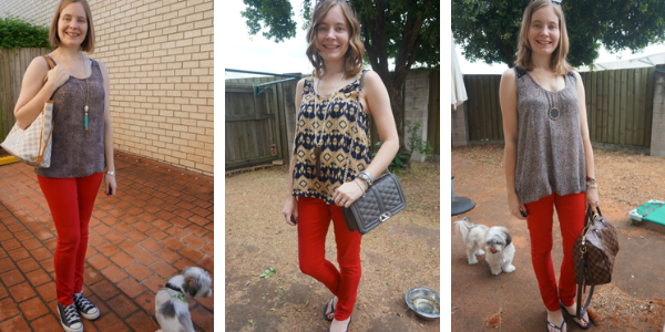 3 outfit ideas with red skinny jeans and printed tanks | away from blue