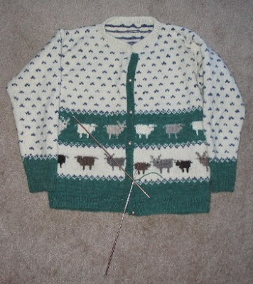 Rare Breed Sweater, progress halted for running out of green yarn.