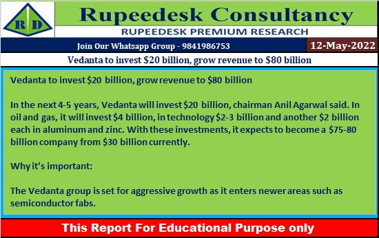 Vedanta to invest $20 billion, grow revenue to $80 billion - Rupeedesk Reports - 12.05.2022