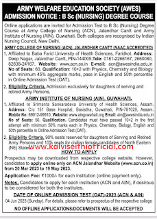 ARMY WELFARE EDUCATION SOCIETY (AWES) ADMISSION NOTICE: BSc (NURSING) DEGREE COURSE