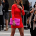 Red dress with hot pink handbag and shoes Stunning color mix