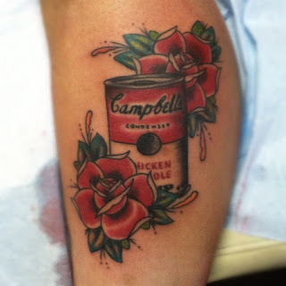 custom traditional campbells chicken noodle soup with roses leg tattoo