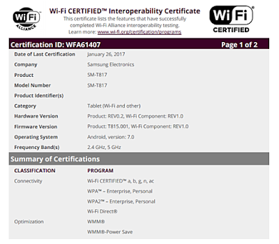 Samsung Galaxy Tab S2 dengan Android Nougat Dapatkan Sertifikat WiFi 