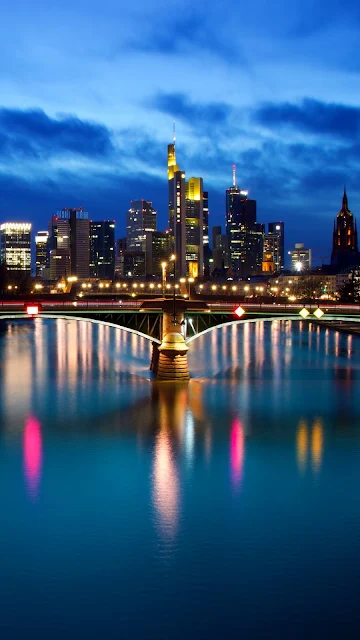 City, Night, Bridge, Buildings, River, Germany