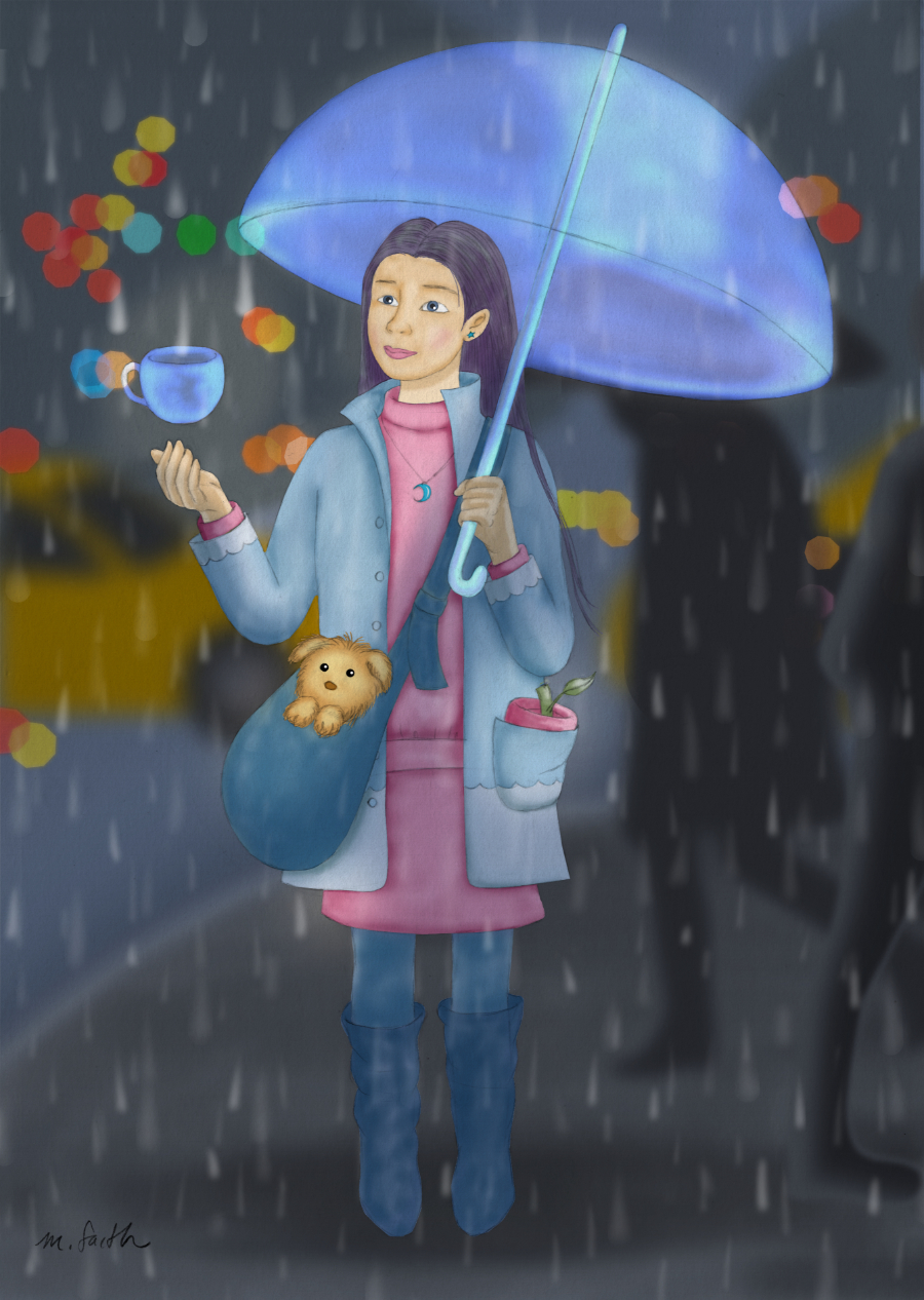 drawing - girl with umbrella in the rain with floating cup