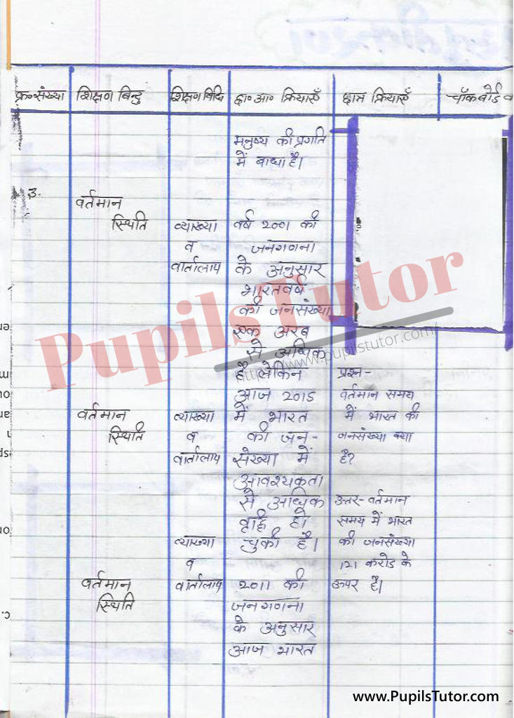 jansankhya vridhi par Lesson Plan in Hindi for BEd and DELED