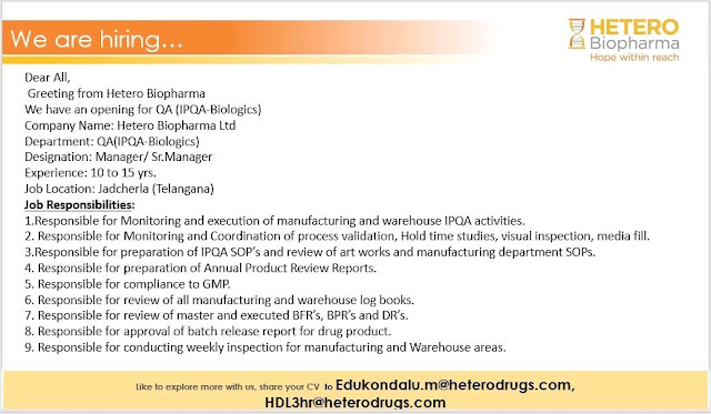 Job Availables, Hetero Biopharma Job Opening For QA (IPQA-Biologics)