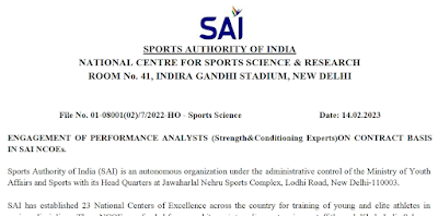 Performance Analysts And High Performance Analyst Job Vacancies Sports Authority of India