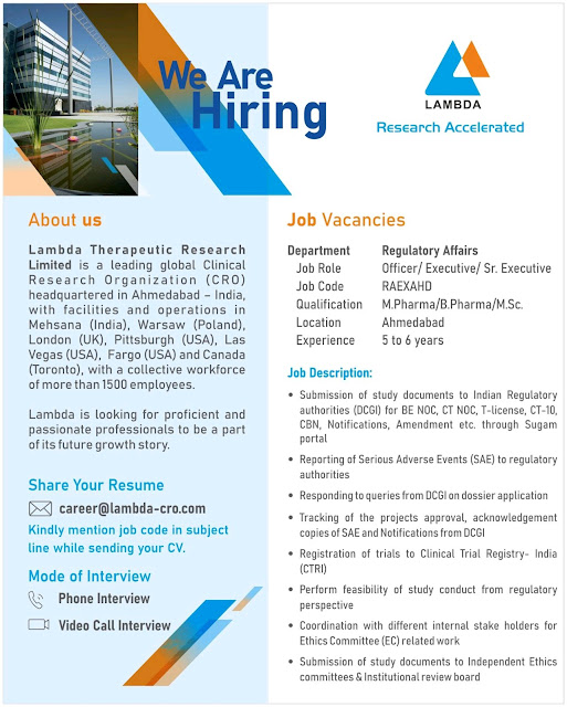 Job Availables, Lambda Therapeutic Research Job Vacancy For  Regulatory Affairs Department