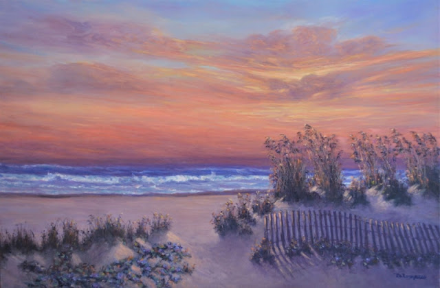 Painting of a Beach with a Colorful Sunset, Oats and Dunes