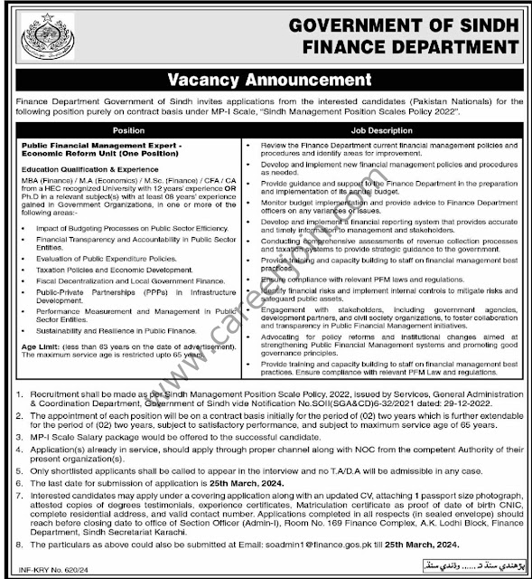 Finance Department Sindh Latest Jobs in Sindh March 2024