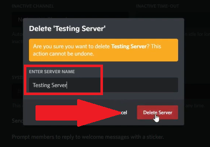 Masukkan nama server dan delete server