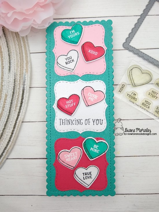 Thinking of you by Diane features Candy Heart, Slimline Windows & Portholes, Frames Squared, and Floral Roundabout by Newton's Nook Designs; #newtonsnook, #inkypaws, #cardmaking, #valentinecard