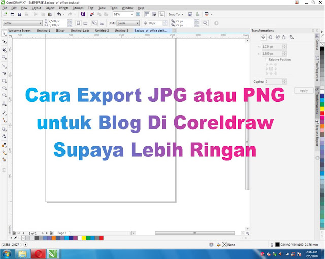 Buat yang suka blogging,, pasti setiap membuat konten artikel selalu menyertakan gambar untuk kontennya. Selain untuk ilustrasi ,gambar juga mebantu dalam SEO dengan menyematkan ALT atribut pada gambar, untuk pencarian berdasarkan gambar pada mesin pencarian. Namun dengan file gambar yang besar akan membuat loading blog kita menjadi lambat.    Biasanya untuk membuat gambar berupa JPG atau PNG dari coreldraw kita langsung export terus pilih JPG atau PNG. Tetapi dengan cara itu ukuran file akan besar.     Untuk membuat file JPG atau PNG untuk web sebaiknya melalui export for web karena ukuran filenya akan lebih kecil daripada di export seperti biasanya.  Caranya adalah sebagai berikut :    1. Klik File  2. Pilih Export for   3. Lalu akan muncul Kotak Dialog pilih format yang diinginkan JPG atau PNG kemudian untuk colour mode pilih RGB, lalu tekan SAVE AS    Cara Export File JPG atau PNG Di Coreldraw untuk Gambar Blog Supaya Lebih Ringan       Buat yang suka blogging,, pasti setiap membuat konten artikel selalu menyertakan gambar untuk kontennya. Selain untuk ilustrasi ,gambar juga mebantu dalam SEO dengan menyematkan ALT atribut pada gambar, untuk pencarian berdasarkan gambar pada mesin pencarian. Namun dengan file gambar yang besar akan membuat loading blog kita menjadi lambat.    Biasanya untuk membuat gambar berupa JPG atau PNG dari coreldraw kita langsung export terus pilih JPG atau PNG. Tetapi dengan cara itu ukuran file akan besar.     Untuk membuat file JPG atau PNG untuk web sebaiknya melalui export for web karena ukuran filenya akan lebih kecil daripada di export seperti biasanya.  Caranya adalah sebagai berikut :    1. Klik File  2. Pilih Export for   3. Lalu akan muncul Kotak Dialog pilih format yang diinginkan JPG atau PNG kemudian untuk colour mode pilih RGB, lalu tekan SAVE AS          4. Akan Muncul lagi kotak dialog seperti di bawah, pilih tempat penyimpanan dan terus beri  nama file yang kita inginkan.        5. SAVE. Selesai    Dengan cara itu ukuran file akan lebih kecil daripada di export seperti biasa. Dengan ukuran file lebih kecil loading blog atau website saat membuka halaman akan lebih  ringan.  Untuk perbandingannya saya buat gambar ukuran 1000px X 1000px kemudian di export dengan 2 cara berbeda ini hasilnya.      4. Akan Muncul lagi kotak dialog seperti di bawah, pilih tempat penyimpanan dan terus beri  nama file yang kita inginkan.    Cara Export File JPG atau PNG Di Coreldraw untuk Gambar Blog Supaya Lebih Ringan       Buat yang suka blogging,, pasti setiap membuat konten artikel selalu menyertakan gambar untuk kontennya. Selain untuk ilustrasi ,gambar juga mebantu dalam SEO dengan menyematkan ALT atribut pada gambar, untuk pencarian berdasarkan gambar pada mesin pencarian. Namun dengan file gambar yang besar akan membuat loading blog kita menjadi lambat.    Biasanya untuk membuat gambar berupa JPG atau PNG dari coreldraw kita langsung export terus pilih JPG atau PNG. Tetapi dengan cara itu ukuran file akan besar.     Untuk membuat file JPG atau PNG untuk web sebaiknya melalui export for web karena ukuran filenya akan lebih kecil daripada di export seperti biasanya.  Caranya adalah sebagai berikut :    1. Klik File  2. Pilih Export for   3. Lalu akan muncul Kotak Dialog pilih format yang diinginkan JPG atau PNG kemudian untuk colour mode pilih RGB, lalu tekan SAVE AS          4. Akan Muncul lagi kotak dialog seperti di bawah, pilih tempat penyimpanan dan terus beri  nama file yang kita inginkan.        5. SAVE. Selesai    Dengan cara itu ukuran file akan lebih kecil daripada di export seperti biasa. Dengan ukuran file lebih kecil loading blog atau website saat membuka halaman akan lebih  ringan.  Untuk perbandingannya saya buat gambar ukuran 1000px X 1000px kemudian di export dengan 2 cara berbeda ini hasilnya.    5. SAVE. Selesai    Dengan cara itu ukuran file akan lebih kecil daripada di export seperti biasa. Dengan ukuran file lebih kecil loading blog atau website saat membuka halaman akan lebih  ringan.  Untuk perbandingannya saya buat gambar ukuran 1000px X 1000px kemudian di export dengan 2 cara berbeda ini hasilnya.