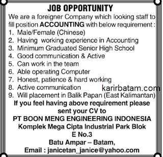 Lowongan Kerja PT. Boon Meng Engineering Indonesia