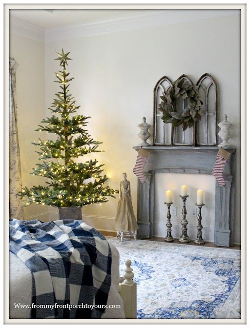 French Country Farmhouse-Buffalo Check Blanket-Blue and White-Vintage Mantel- Christmas Bedroom-From My Front Porch To Yours