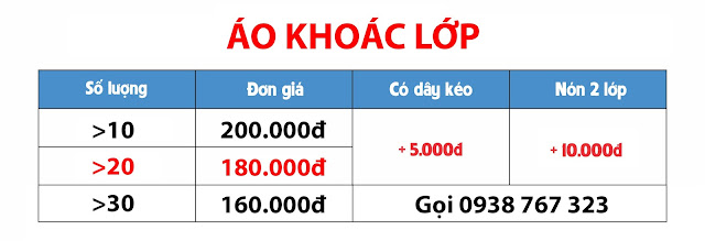 Bảng giá áo khoác lớp