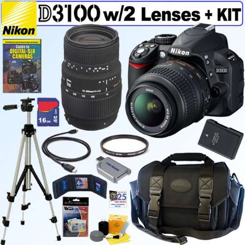 Nikon D3100 14.2MP Digital SLR Camera with 18-55mm f/3.5-5.6 AF-S DX VR Nikkor Zoom Lens and Sigma 70-300mm f/4-5.6 SLD DG Macro Lens with built in motor + EN-EL14 Battery + 16GB Deluxe Accessory Kit