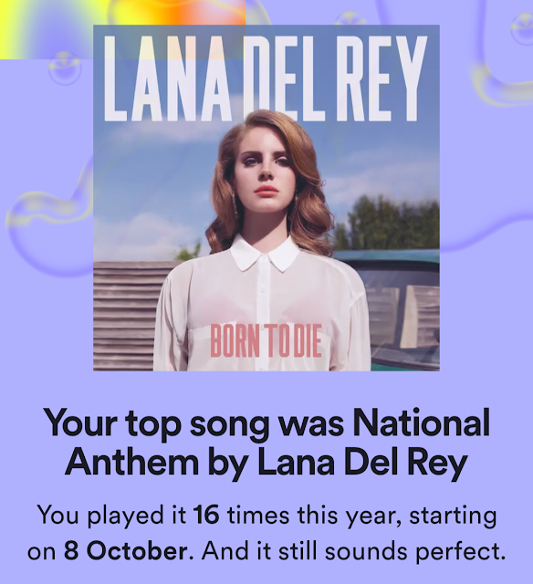 A screenshot of my Spotify Wrapped, which reads: Your top played song was National Anthem by Lana Del Rey.
