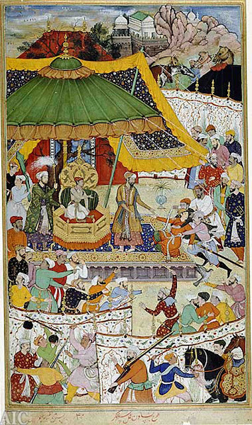 Imagen 742A | Una ilustración del Akbarnama escrita por Abu'l-Fazl ibn Mubarak (1551-1602) muestra un arma en la corte de Akbar (centro inferior). | Autor desconocido / dominio público