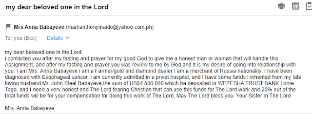 message from a woman who, after fasting and prayer, was given my name by god. She’s a widow with cancer and a farmer slash gold and diamond dealer, and she throws “The Lord” into the message about five times