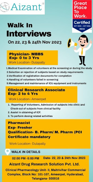 Aizant Drug Research Solution Walk In Drive For Clinical Research Associate/ Pharmacist/ Physician- MBBS